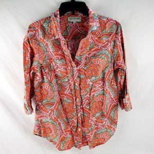 Jones New York Orange Colorful Floral Paisley 3/4 Sleeve Linen Top Women's M
